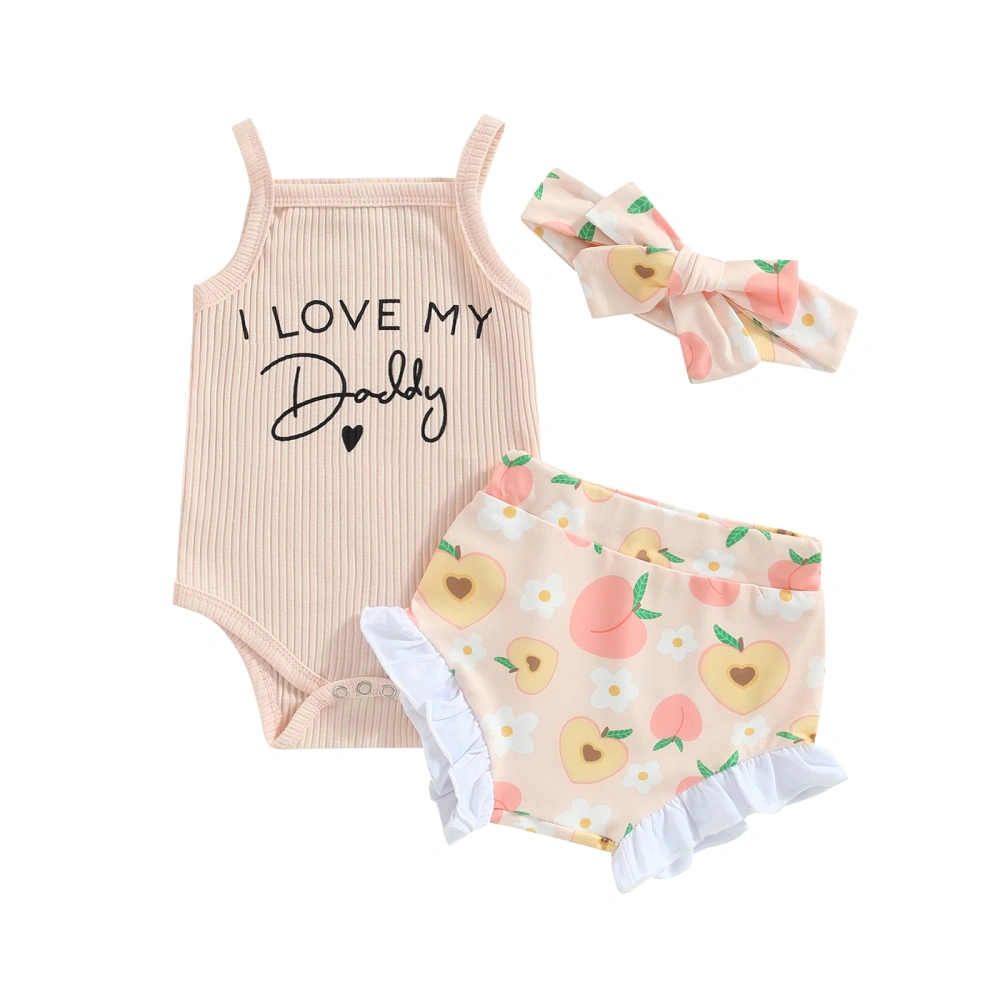 Girls Sleeveless Letter Print Romper + Peach Print Shorts + Headband