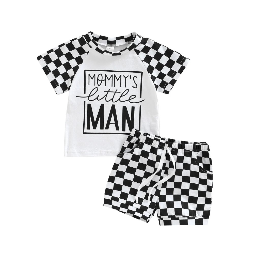 Baby Boy 2PCS Outfit, Short Sleeve Letter Plaid Crew Tee, Plaid Shorts