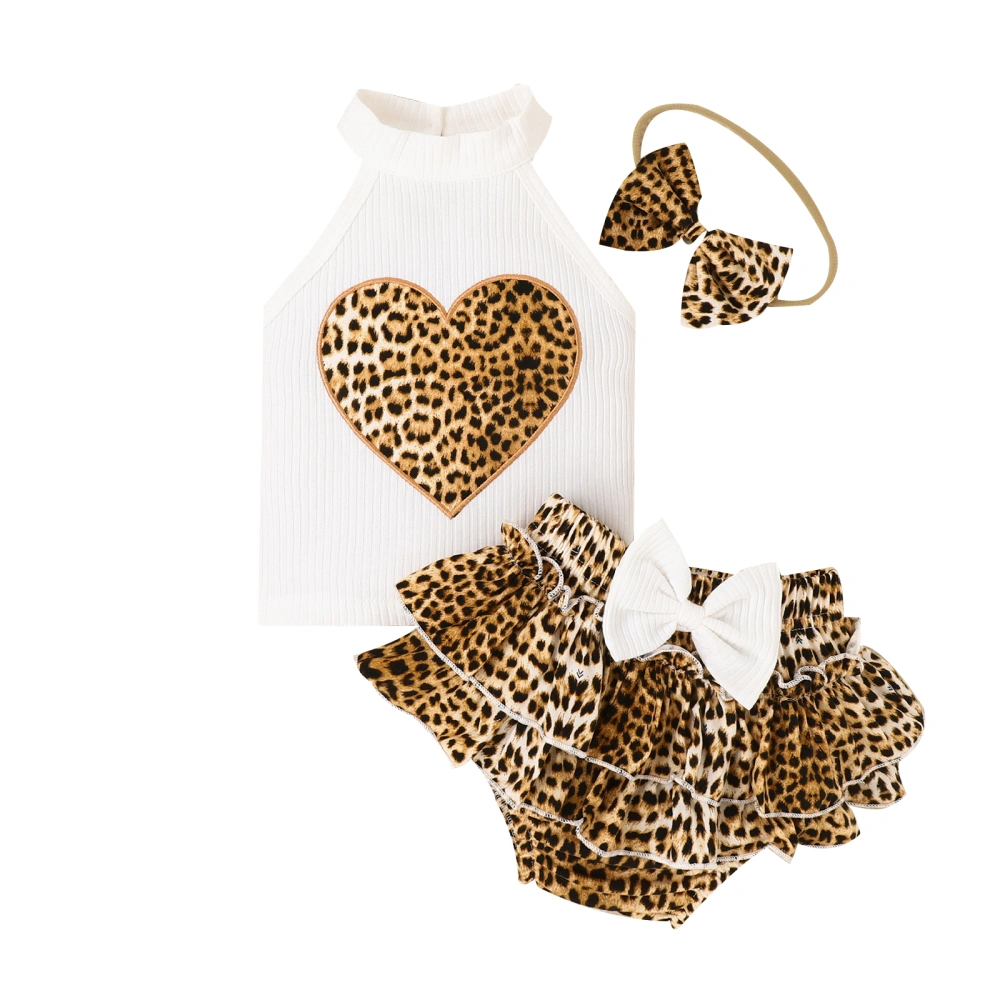 Baby White Sleeveless Tops and Leopard Print PP Shorts Headband Sets