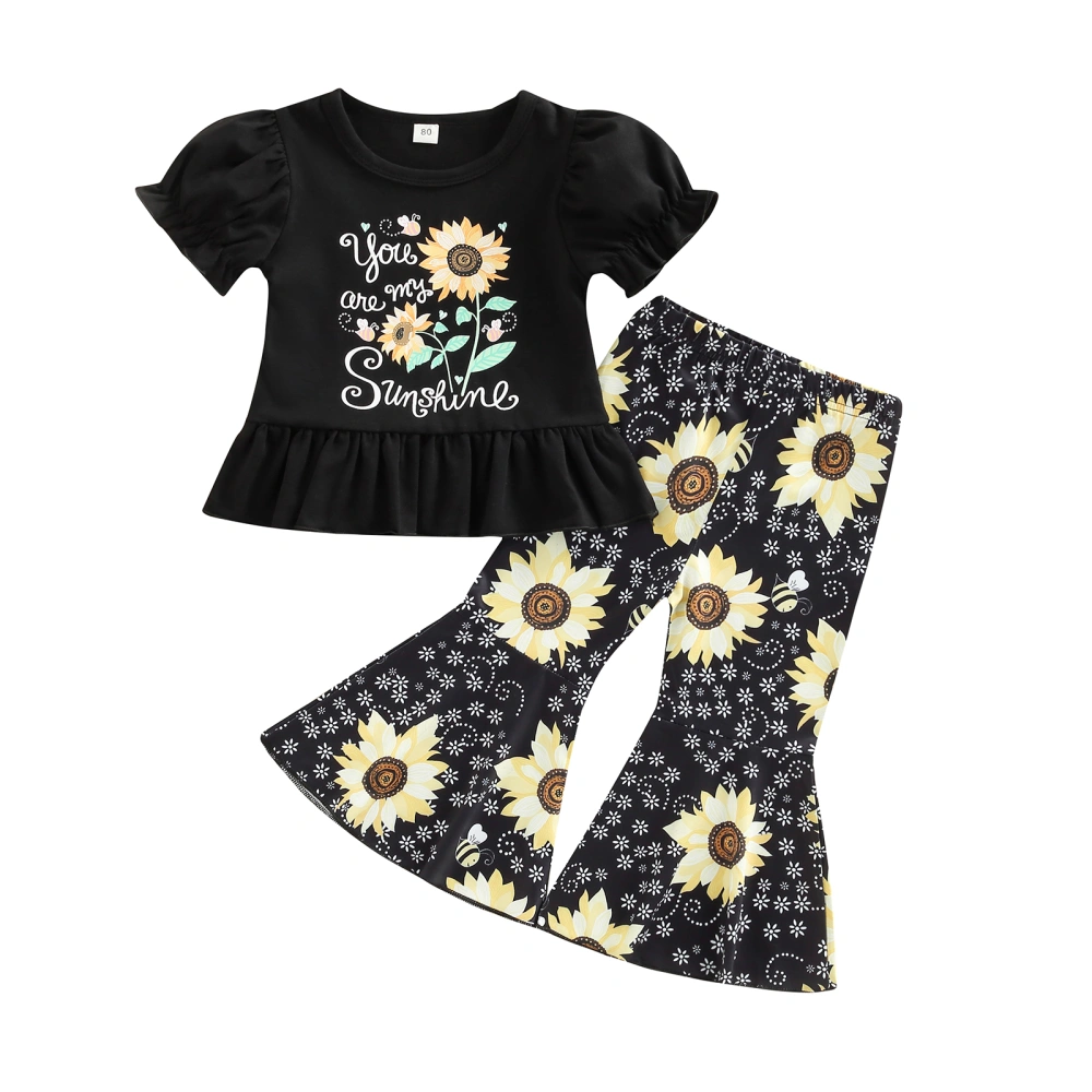 Kid Girl Outfit Set Letter Sunflower Print Tops Flared Pants Suit