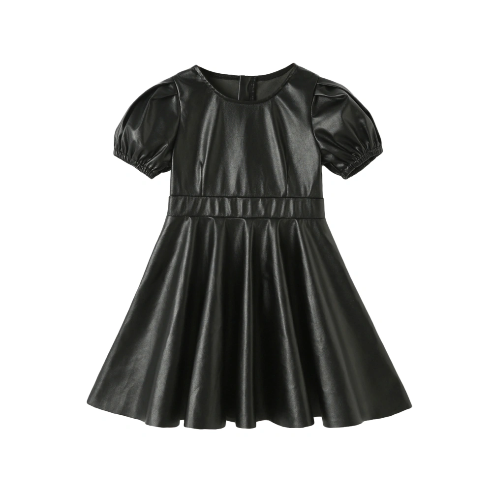 Kids Girls PU Leather Dress Summer Short Puff Sleeve Pleated Dress