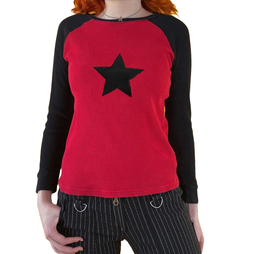 Women's Raglan Tops, Long Sleeve Round Neck Star Ribbed T-Shirts