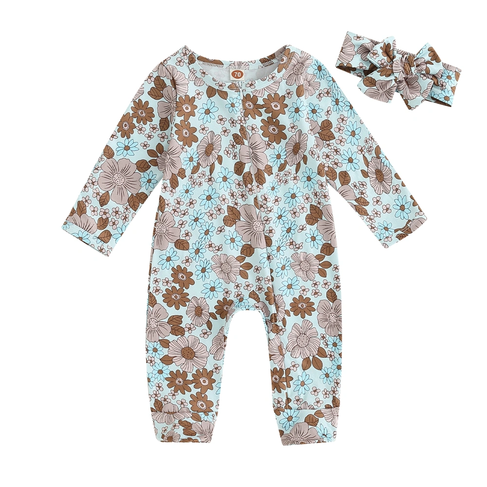 Baby Girl 2Pcs Fall Outfits Floral Print Zip Up Jumpsuit with Headband