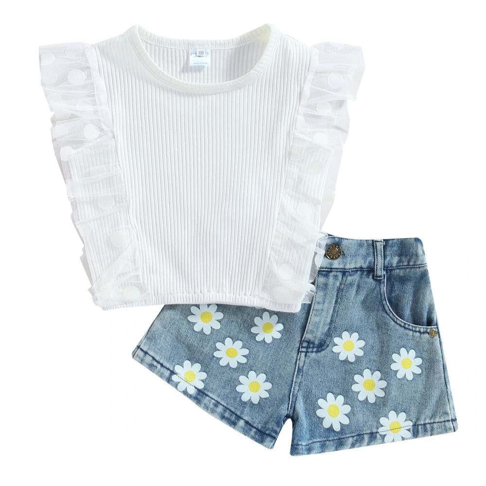 Girls White Ruffle Sleeve Ribbed Tops + Daisy Print Denim Shorts