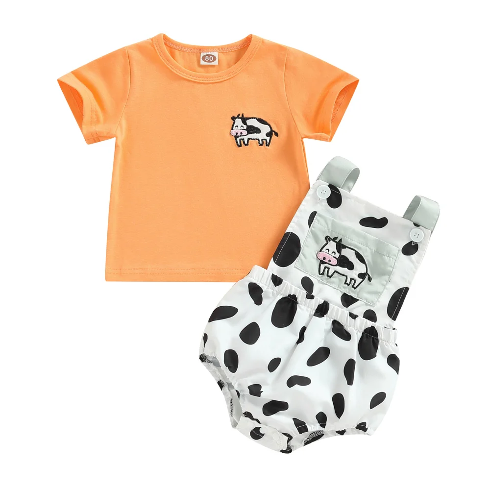 Baby Girls Romper Set Embroidery Cow T-shirt + Dots Suspender Romper