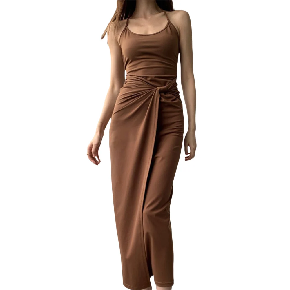 Women's Summer Halter Neck Dress, Solid Color Waist Twist Slim Dress