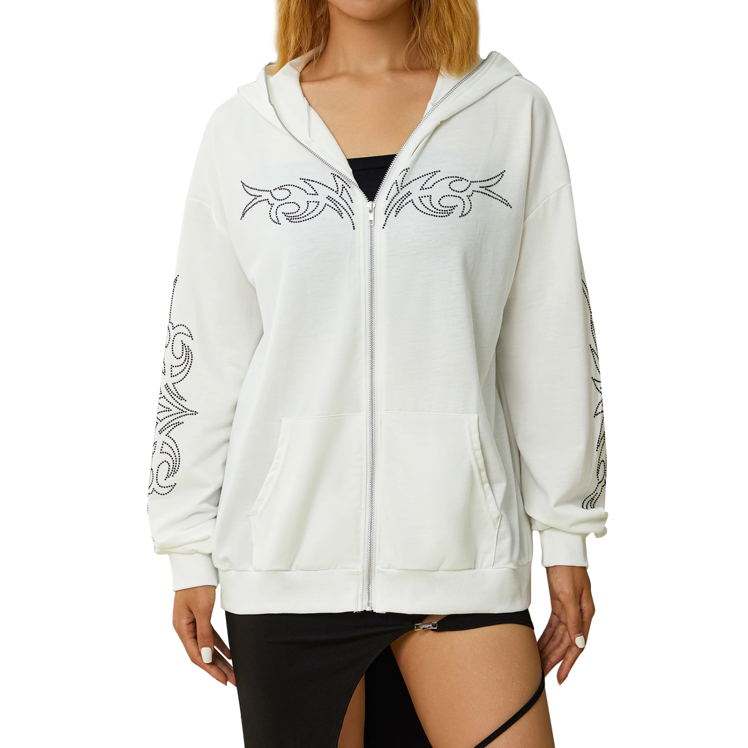 Women Hooded Rhinestone Sweatshirt, Abstract & Letter Pattern Cardigan