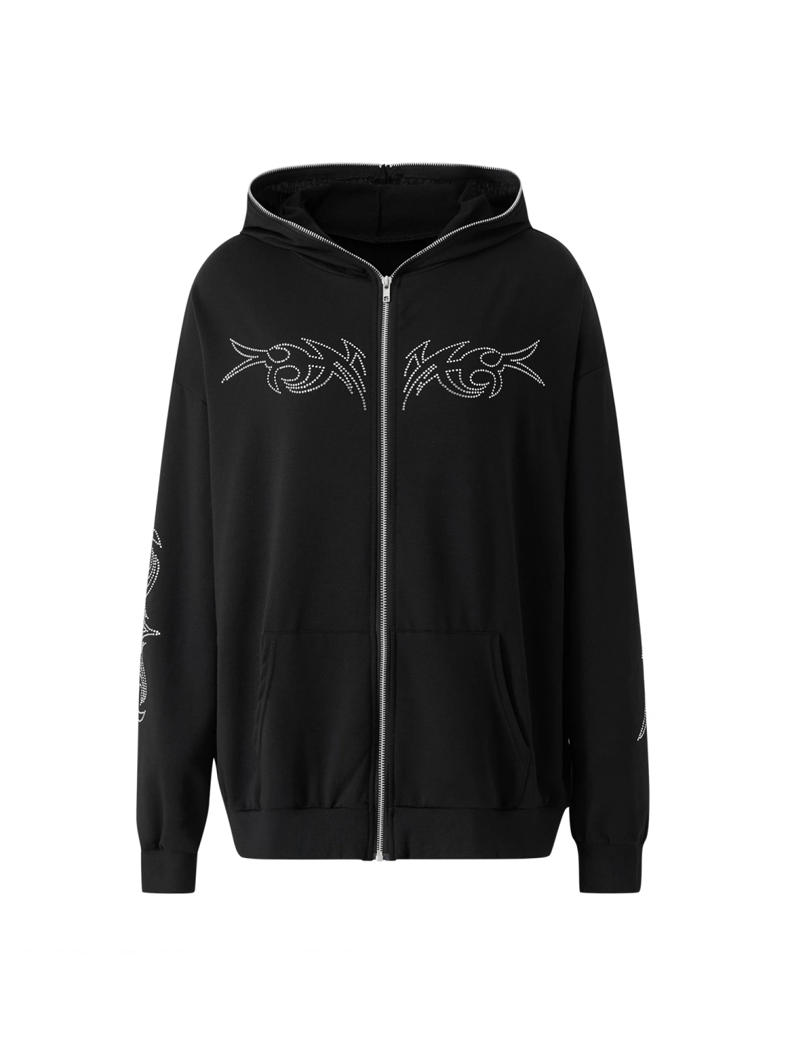 Women Hooded Rhinestone Sweatshirt, Abstract & Letter Pattern Cardigan