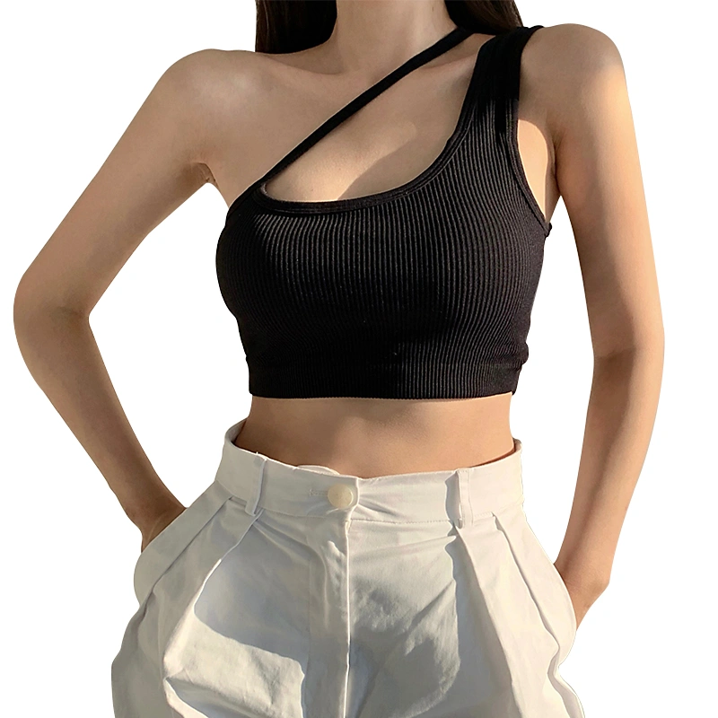 Women Sexy Navel Tops, Plain & Ribbed One Shoulder Sleeveless Crop Top