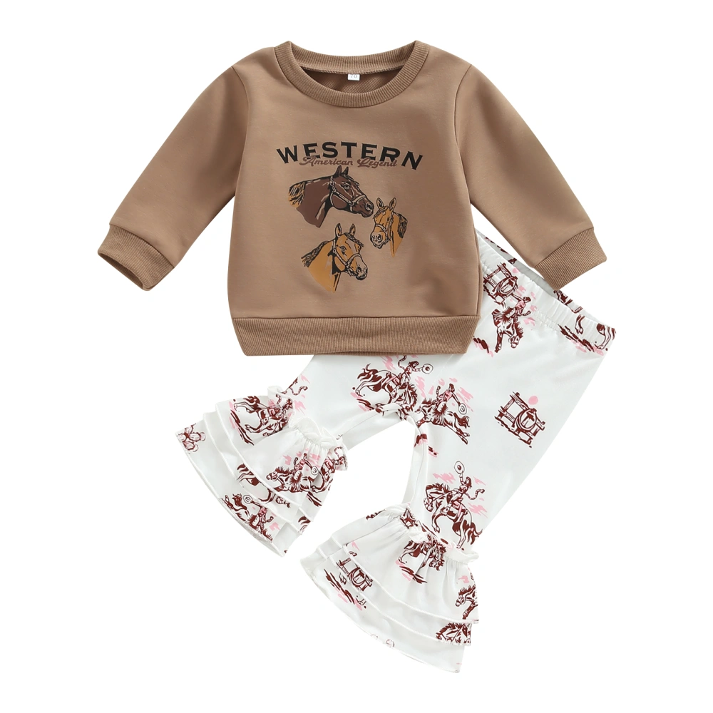 Toddler Girls Long Sleeve Letter Print Tops + Horse Print Flared Pants