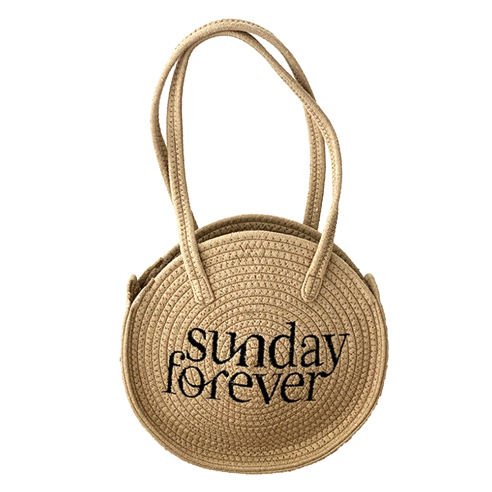 Round Straw Bag, Bohemian Letter Embroider Shoulder Bag Vacation Purse