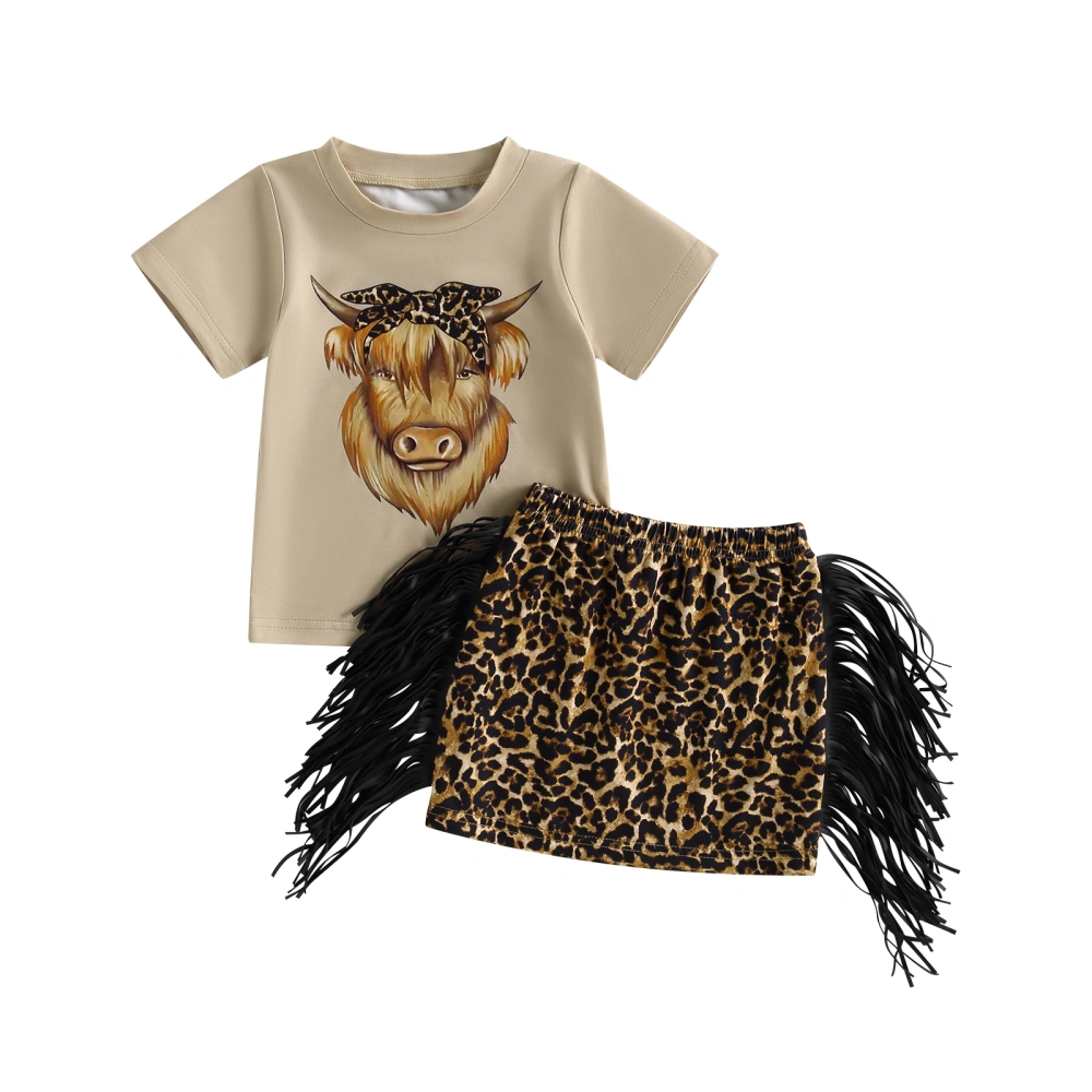 Girls Skirt Set, Cow Print T-shirt + Leopard Print Tasseled Mini Skirt