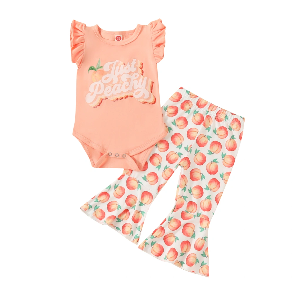 Girls Round Neck Romper Tops + Bell-Bottoms Pants Suit, Peach Pink