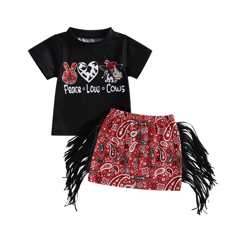 Kids Girl 2-piece Outfits Cow Print T-shirt and Skirt with Tassel Set