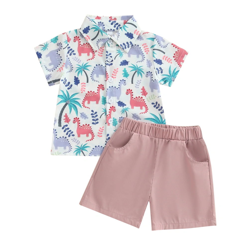 2Pcs Toddler Boys Beach Outfits, Dinosaur Print Button Shirt + Shorts