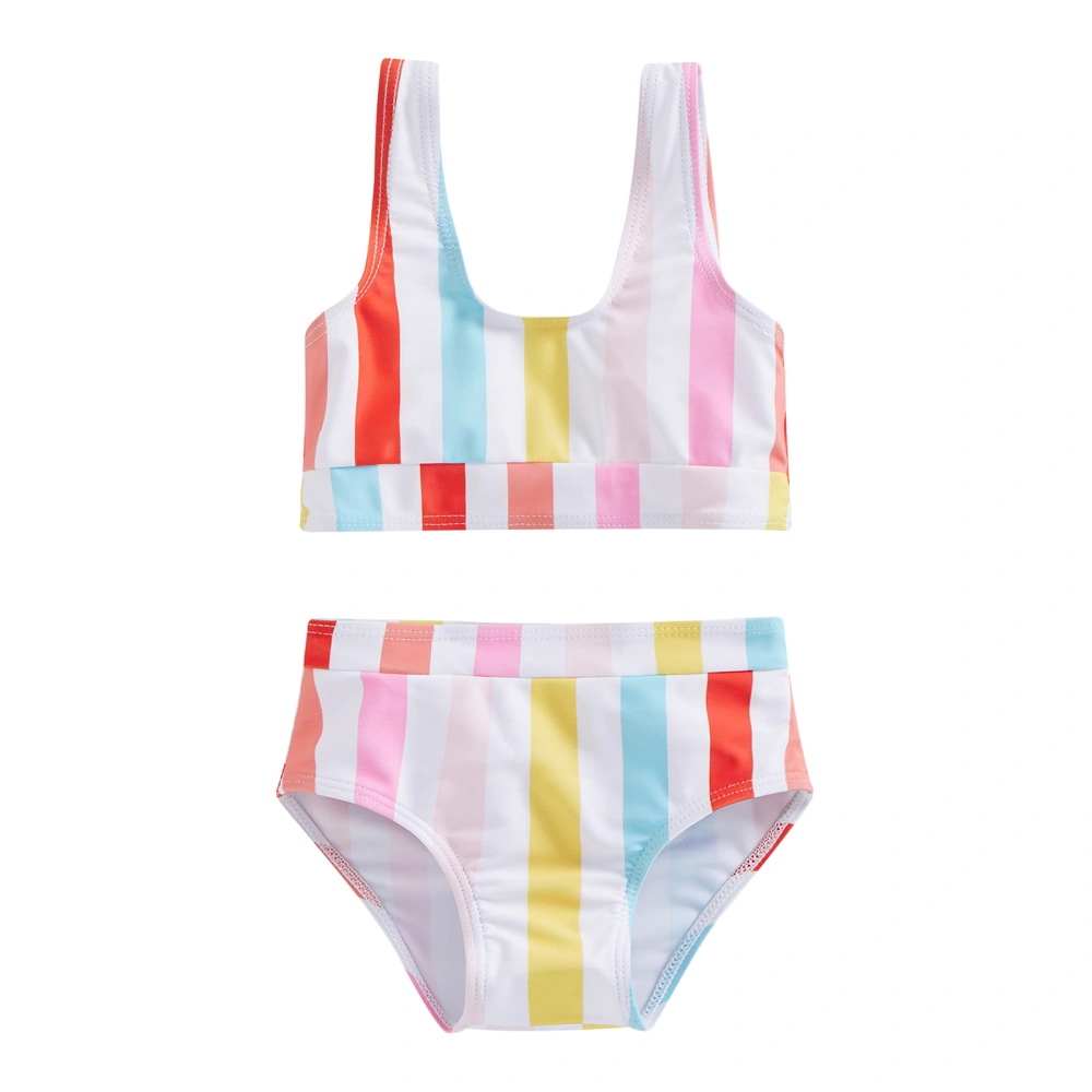 Girl's Summer Bikini Set, Rainbow Stripe Print Vest + Shorts Swimsuit