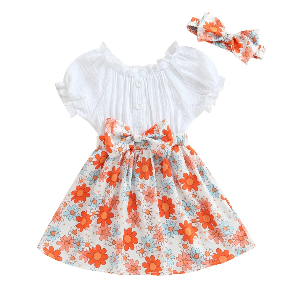 Girls Short Sleeve Off Shoulder Floral Patchwork Dress with Headband