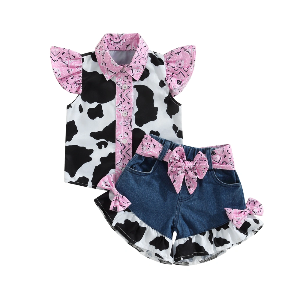 Kids Girl Outfits Cow Print Fly Sleeve Tops Denim Shorts with Belt