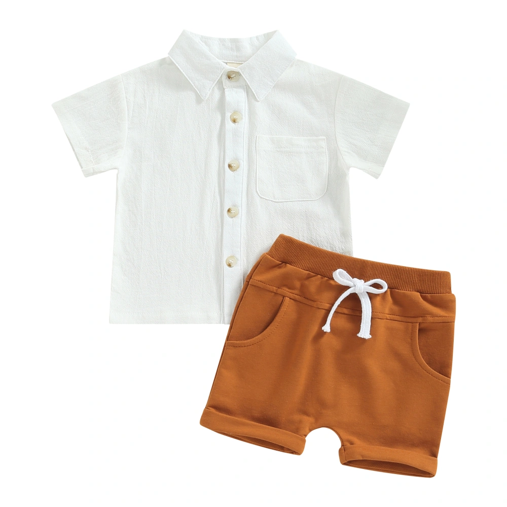 Boy Solid Short Sleeve Lapel Button Shirt + Elastic Waist Shorts