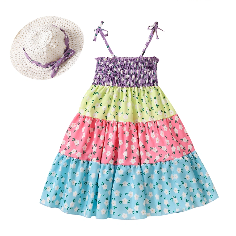 Girl Sleeveless Off Shoulder Floral Princess A-Lined Dress+ Hat 