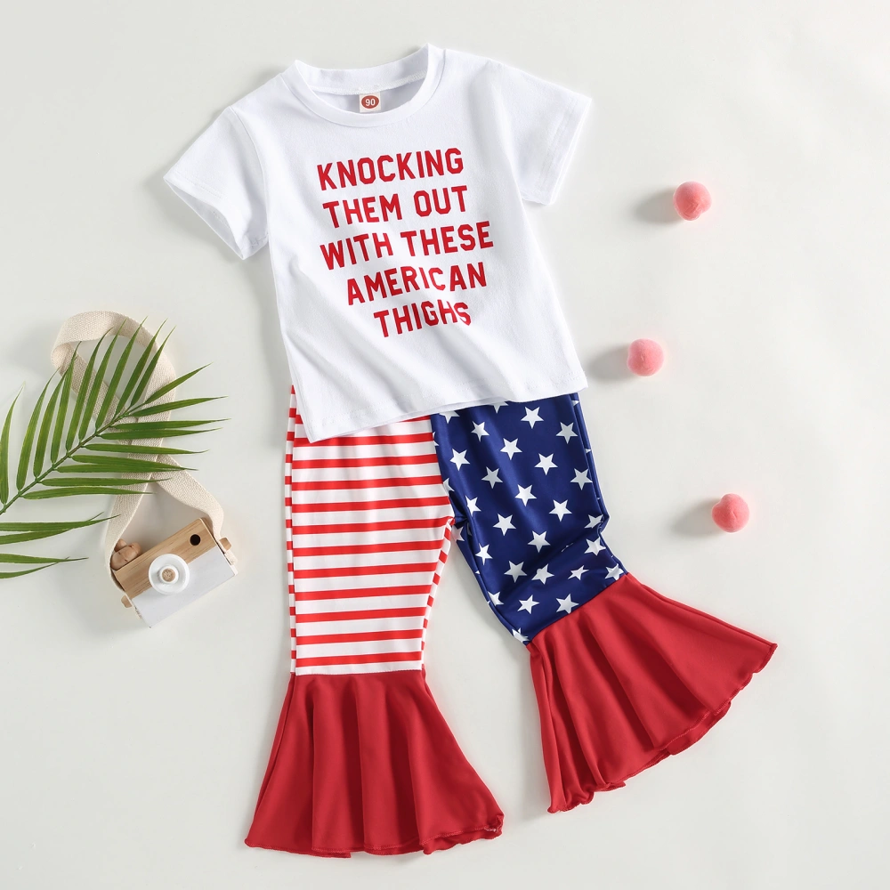 Girls Pants Set, Letters Print T-shirt + Stars Striped Flare Pants