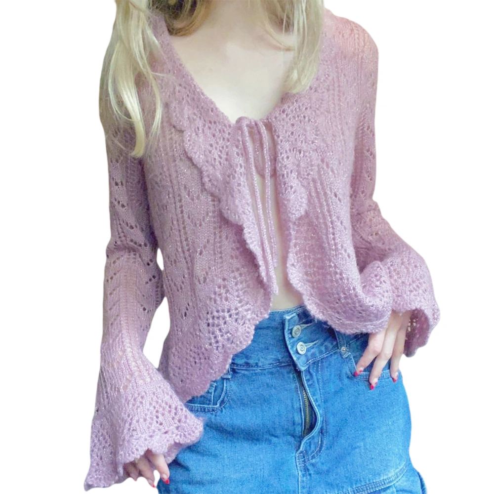 Women Bandage Sweaters Casual Solid Color Ruffle Knitted Crop Cardigan