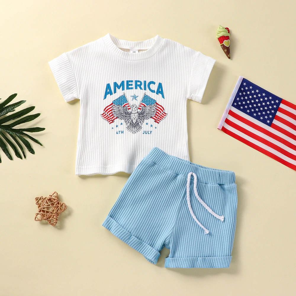 Boys White Letter Eagle Print Tops + Solid Color Drawstring Shorts