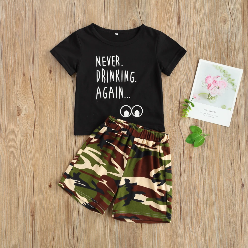 Letter Cartoon Short Sleeve Round Neck T-shirt + Camouflage Shorts