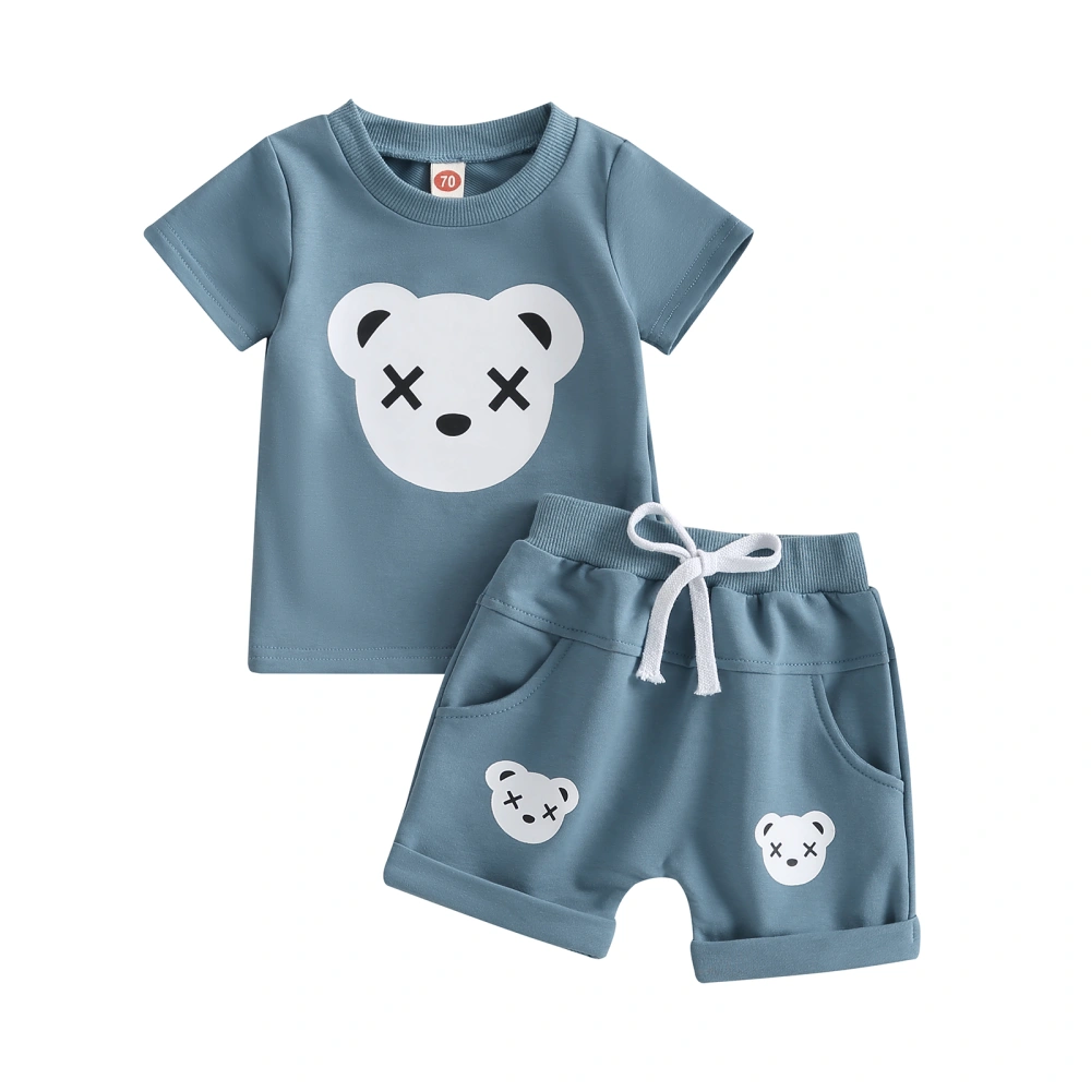 2Pcs Baby Boy Summer Outfits, Bear Print Tops + Rolled Cuff Shorts Set