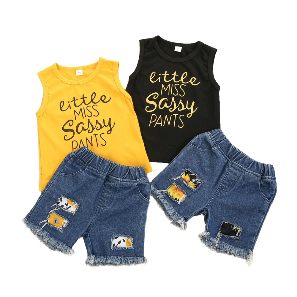 Little Boy’s Fashion Letter Vest and Patchwork Ripped Denim Shorts