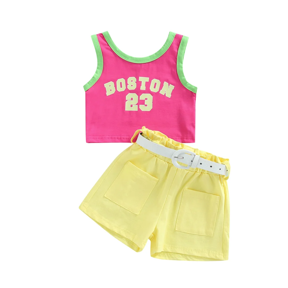 Kids Girl Tanks Tops + Shorts + Belt, Letter Color Matching Clothing