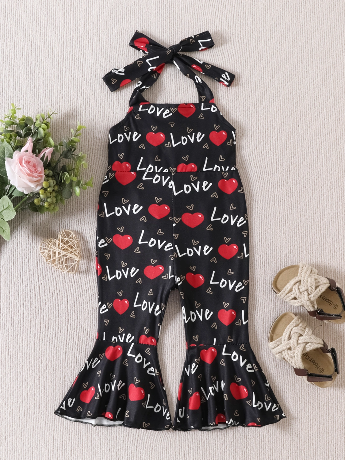 Valentine's Day Girls Jumpsuits Letter Heart Print Flare Pants Romper
