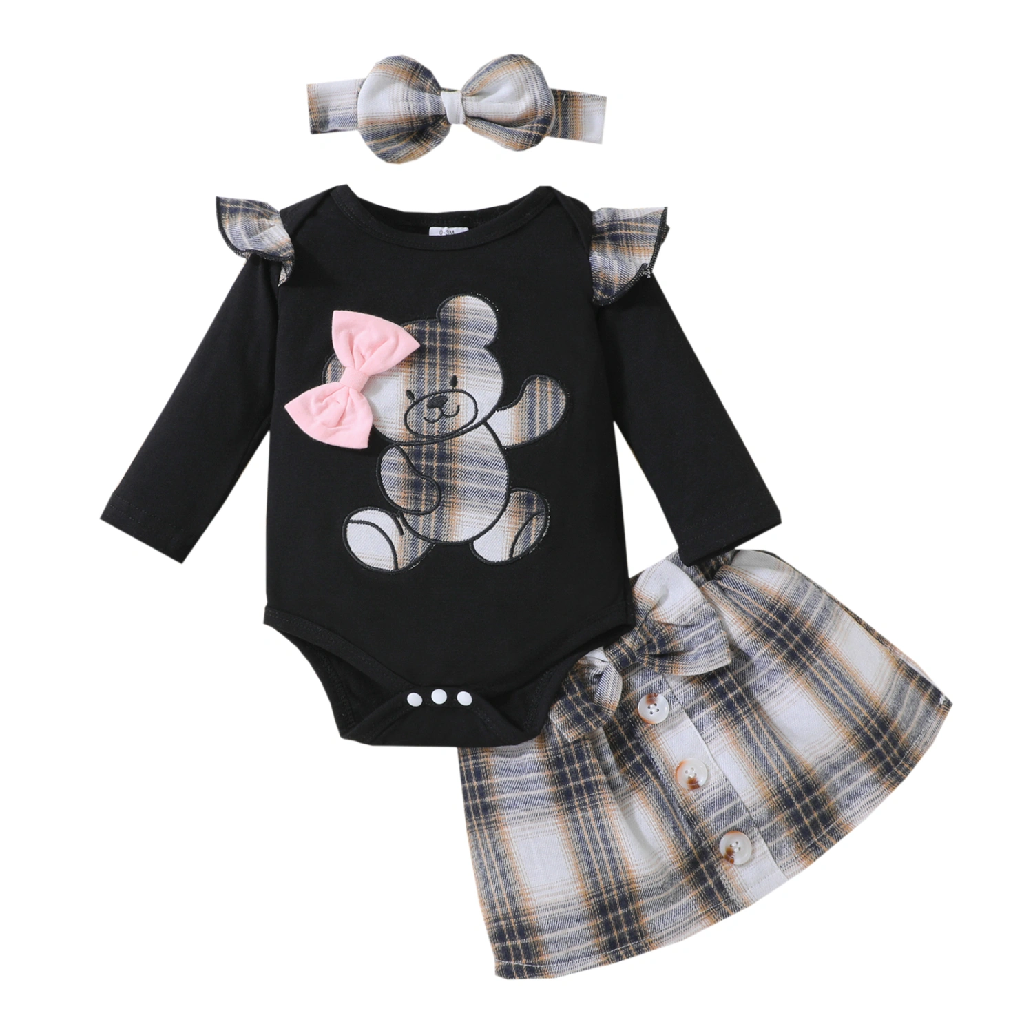 Baby Girls 3-piece Outfit, Bear Romper Plaid Skirt Bow Headband