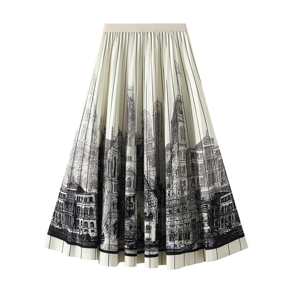 Women’s Pleated Midi Skirt, Elastic Waist City Print A-Line Skirt