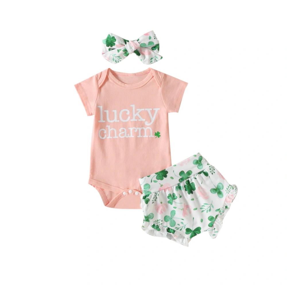 Baby Girls Shorts Set, Letters Print Romper + Clover Pants + Hairband