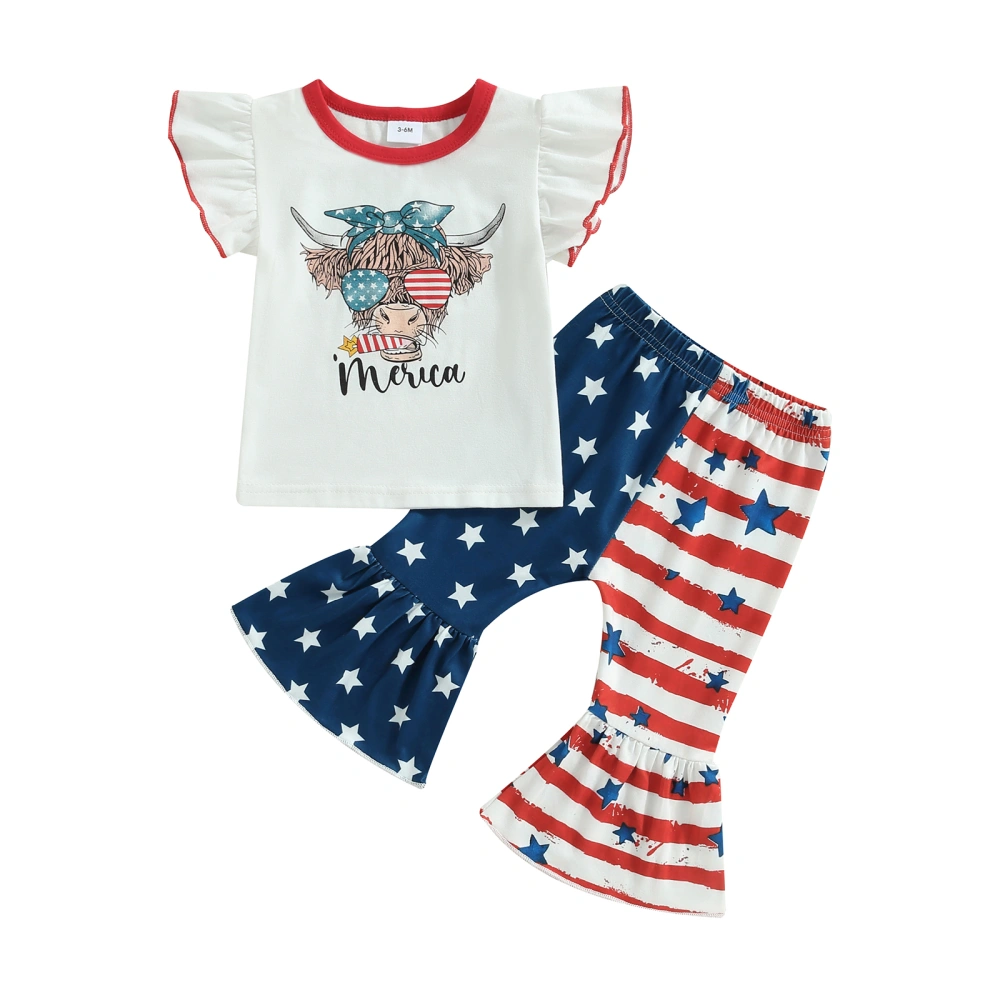 Independence Day Baby Outfits Cow Head Print Tops and Flared Pants 