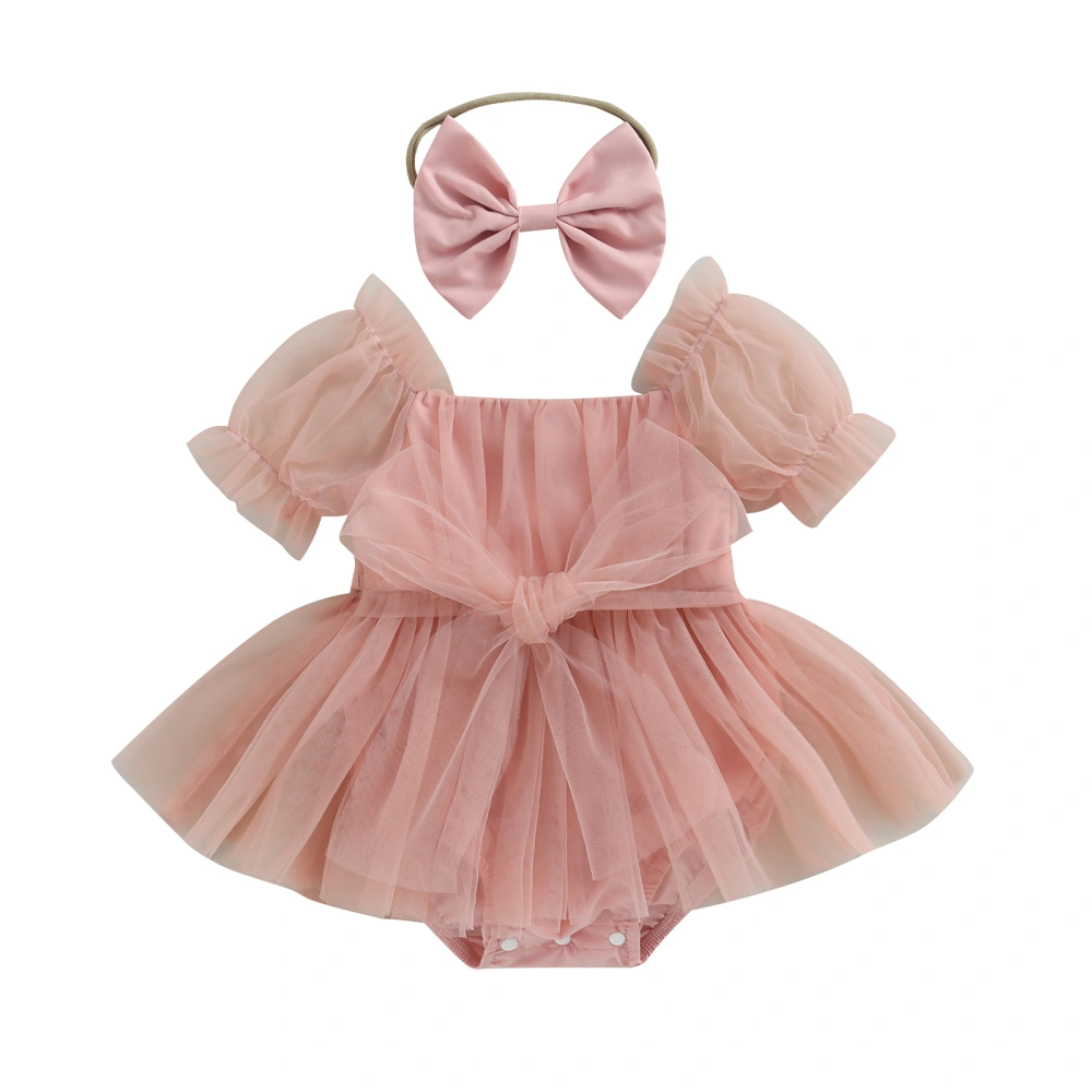 Baby Girl Summer Outfits, Bow Front Romper Tulle Dress with Headband