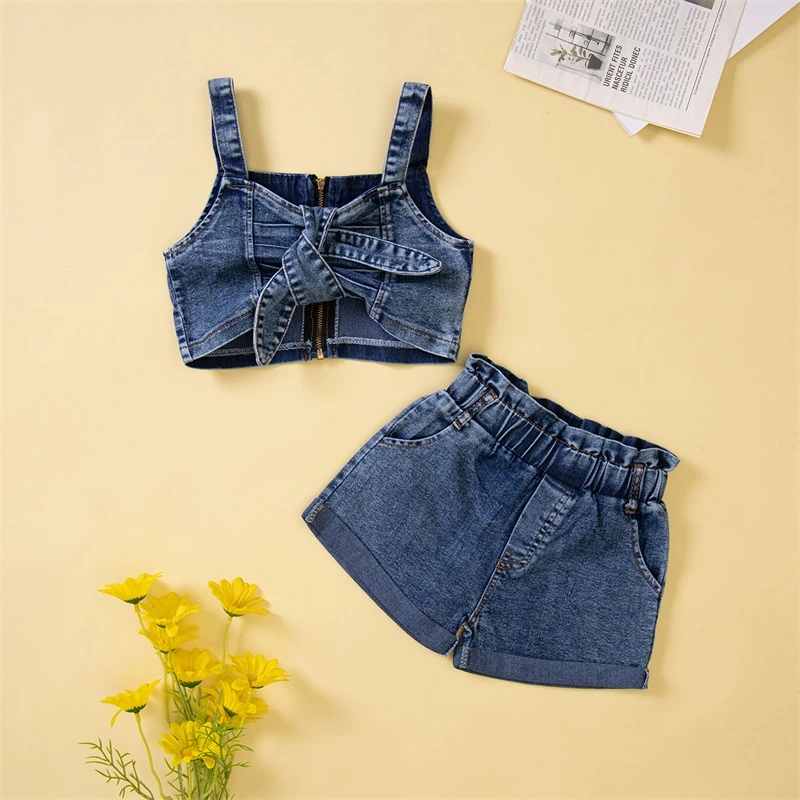 Little Girls Denim Outfits, Sling Plain Crop Camisole + Denim Shorts