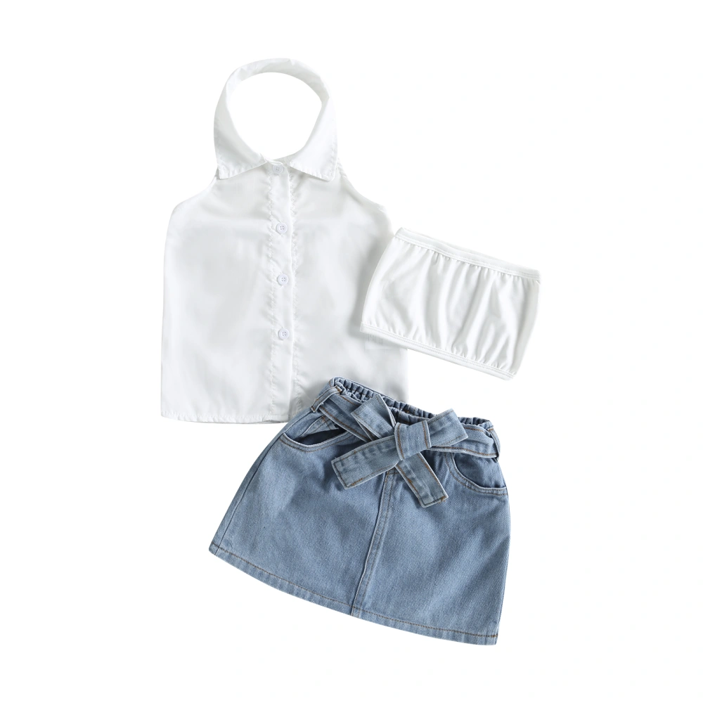 Girls White Lapel Button Vest + Mini Bandeau + Denim Skirt with Belt