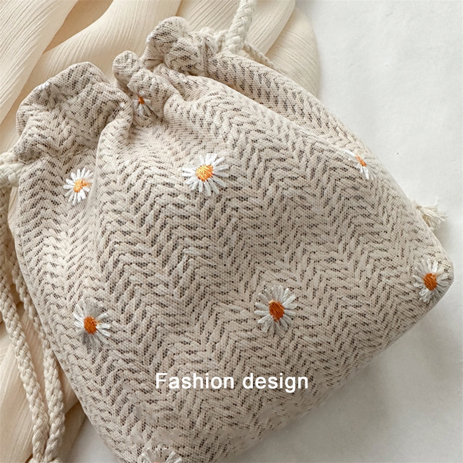 Women Straw Woven Shoulder Bag Drawstring Flower Crossbody Bag
