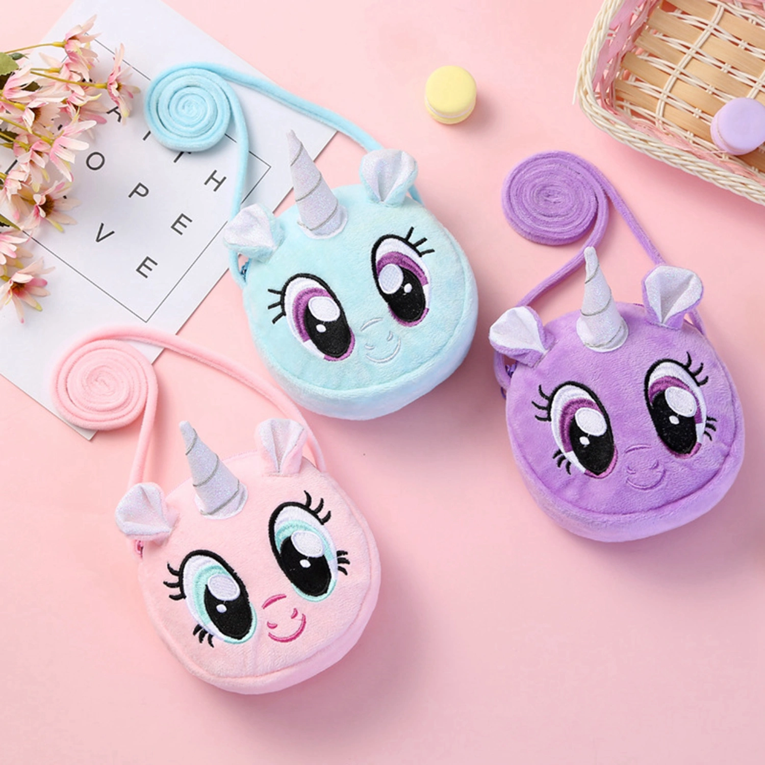 Girls Crossbody Bag, 3D Cartoon Unicorn Pattern Plush Shoulder Bag