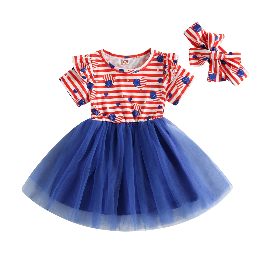 Girl Ruffle Short Sleeve Round Neck Striped Casual Dress+ Head Band