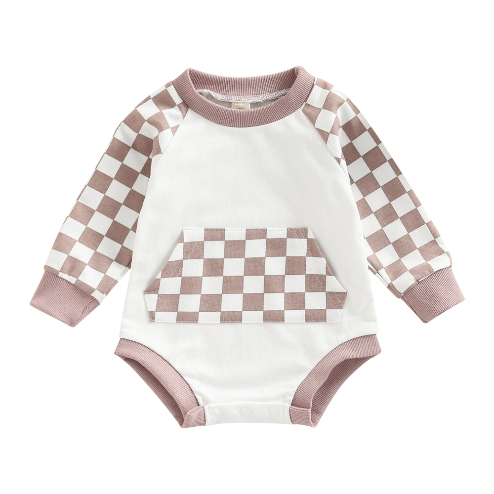 Baby Long Sleeve Romper, Plaid Pattern Patchwork Front Pocket Playsuit