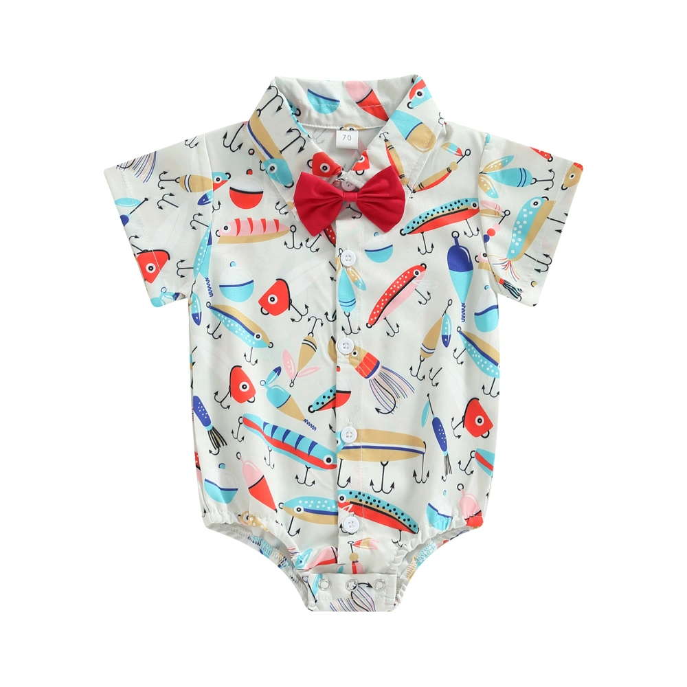 Baby Boy Romper, Short Sleeve Fish Print Summer Bodysuit with Bow Tie