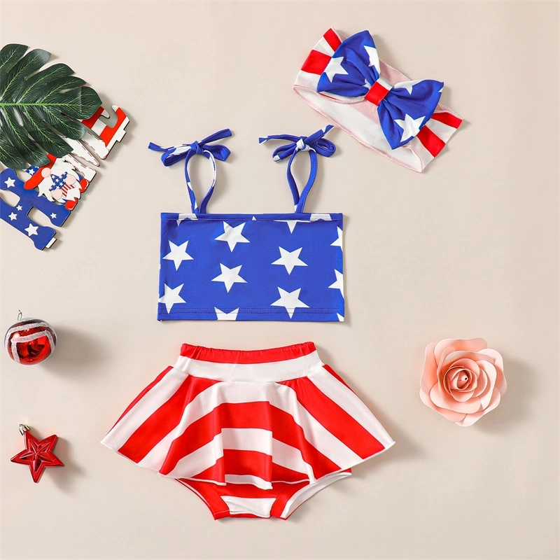 Baby Girl 4th of July Outfits Strap Tops + Skirt Shorts + Headband Set