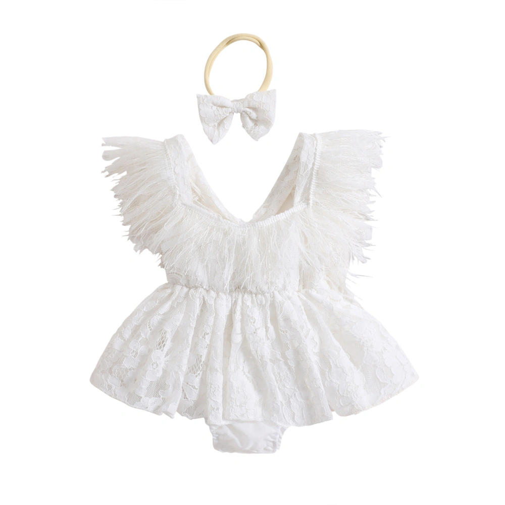 Cute Baby Girl Clothes Feather Patchwork Lace Romper and Headband