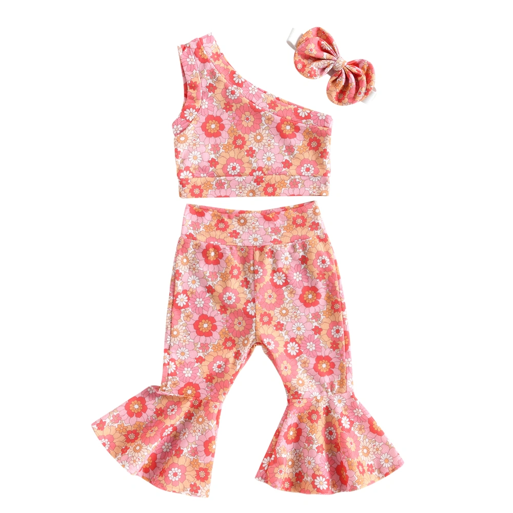 Girls Sleeveless One Shoulder Vest + Floral Flared Pants + Headband