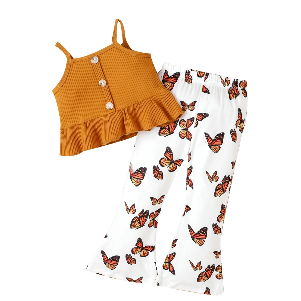 Girl 2Pcs Summer Outfits, Ribbed Tank Tops + Butterfly Bell Bottoms