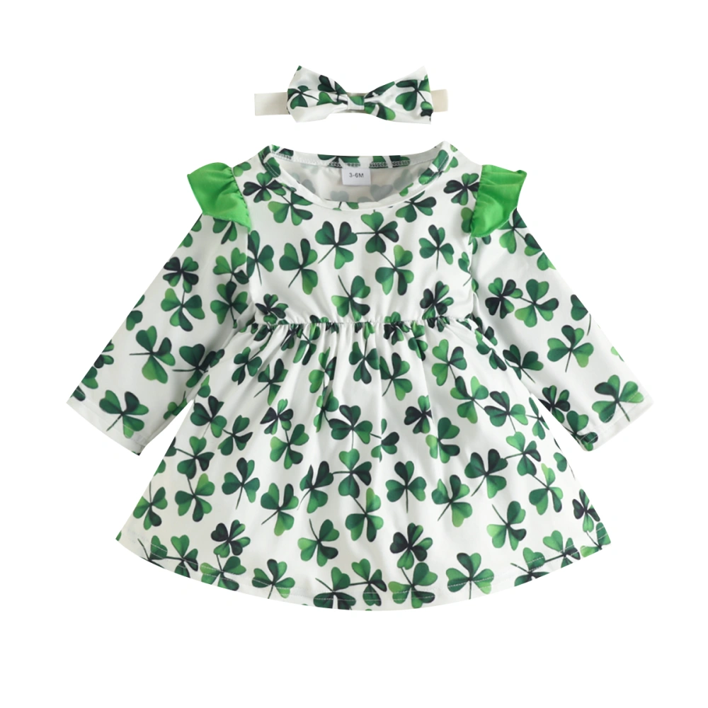 Girl Long Sleeve Round Neck Clover Princess A-Lined Dress+ Headband 