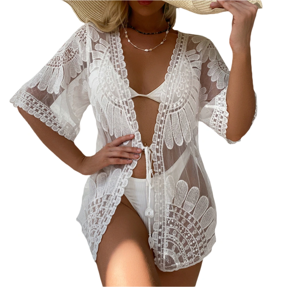 Women's Middle Sleeve Lace Crochet Loose Tie-up Swimsuit Cover Ups